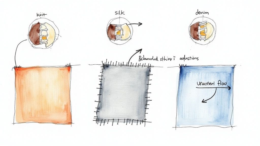 A close-up shot of the Baby Lock Acclaim serger flawlessly stitching a piece of delicate knit fabric, showing a smooth, pucker-free seam.