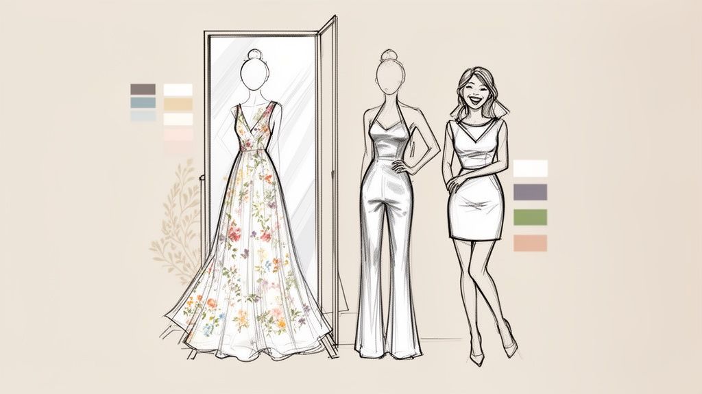 Fashion illustrations of three distinct engagement party outfit ideas: a floral dress, a jumpsuit, and a short white dress.