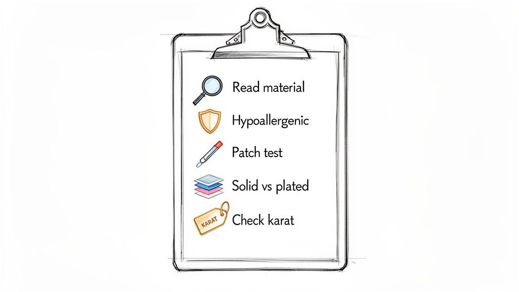 A checklist on a clipboard detailing five important considerations for selecting jewelry, including material and karat.