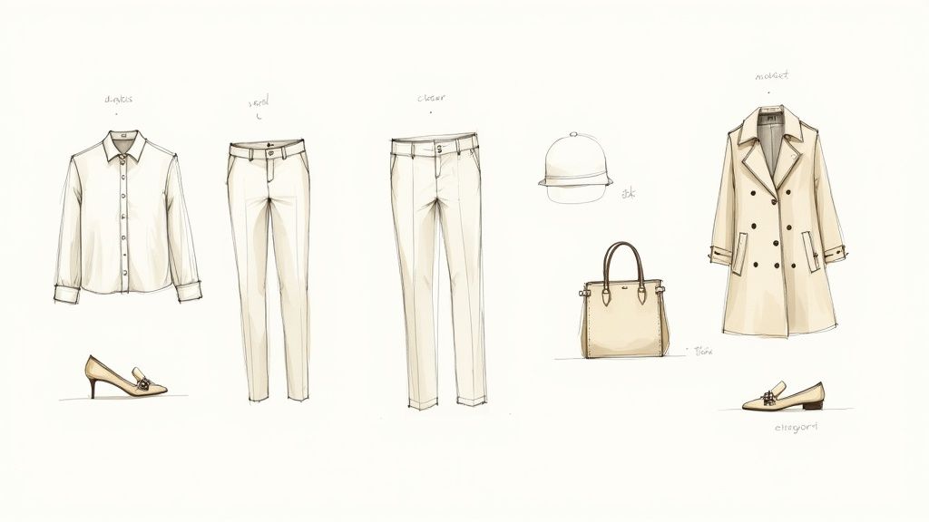 A collection of women's beige workwear sketches, including a shirt, trousers, trench coat, handbag, hat, and heels.