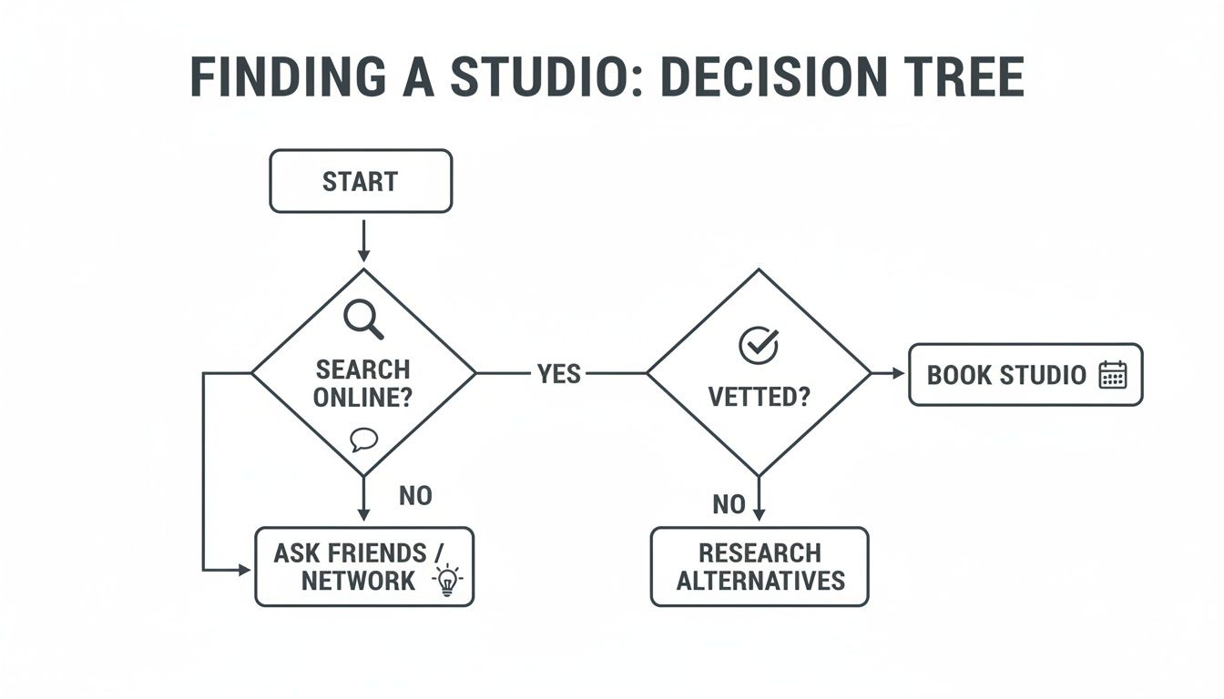Decision tree flowchart outlining steps to find, vet, and book a studio space.