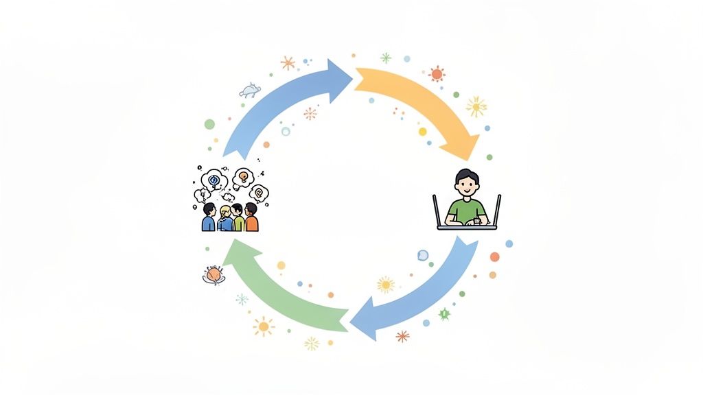 Circular diagram illustrating a hybrid work cycle, showing group brainstorming and individual computer work.