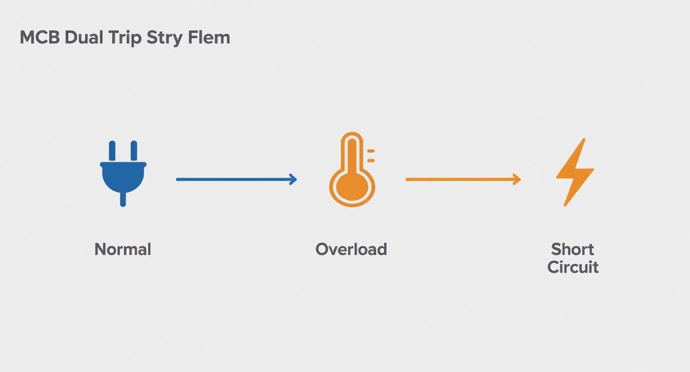 Diagram illustrating normal, overload, and short circuit electrical conditions with corresponding icons and arrows.