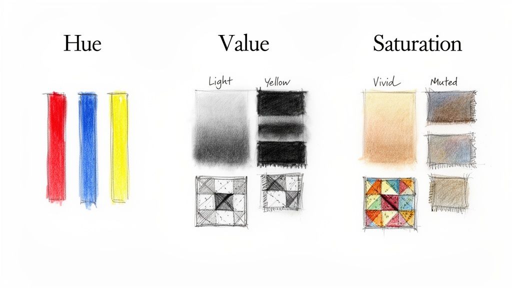 An educational image demonstrating color theory concepts: hue, value (light/dark), and saturation (vivid/muted) with examples.