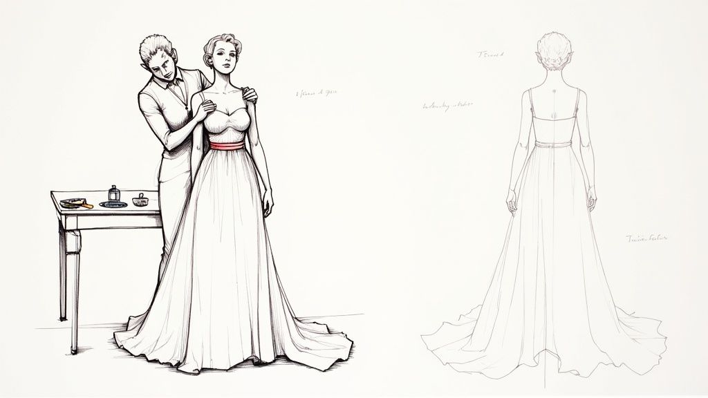 A detailed fashion illustration of a woman in a long, elegant dress with a red ribbon, being helped by a man, with a back view of the gown.