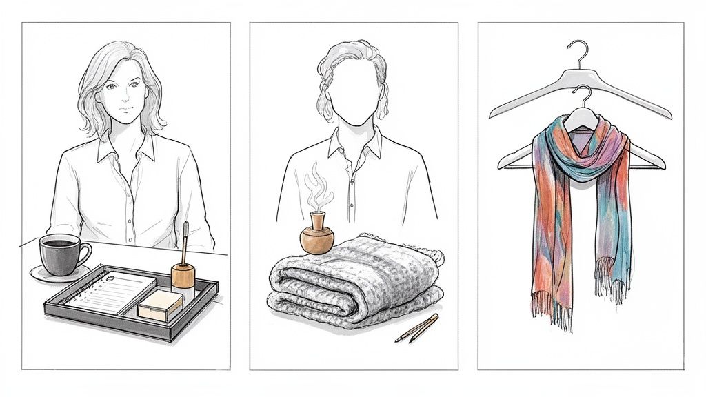 Three illustrated panels show various gift ideas: woman at desk, cozy items, and a colorful scarf.