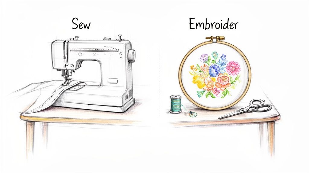 Illustration showing a sewing machine stitching fabric and an embroidery hoop with colorful flowers, thread, and scissors.