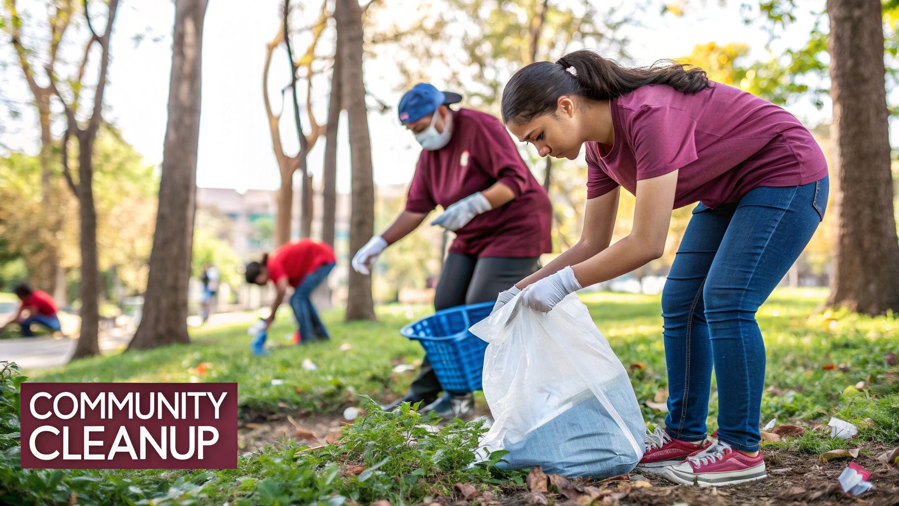 People in Jenks maroon shirts and gloves clean a park, placing trash in bags. "Community Cleanup" text is visible. Trees and grass set the scene.