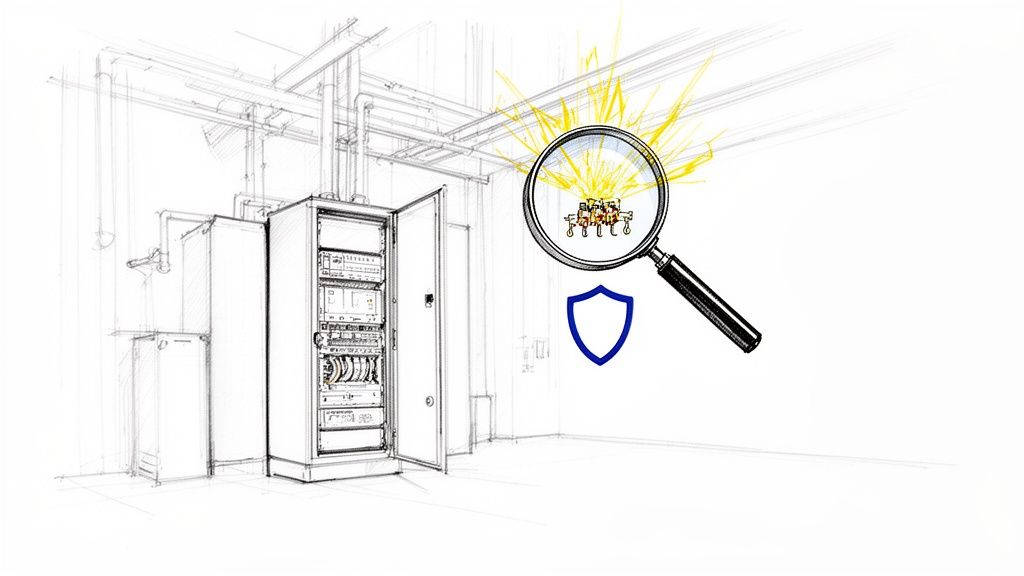 Sketch of an electrical room with cabinets, a magnifying glass showing an arc flash, and a shield symbol.