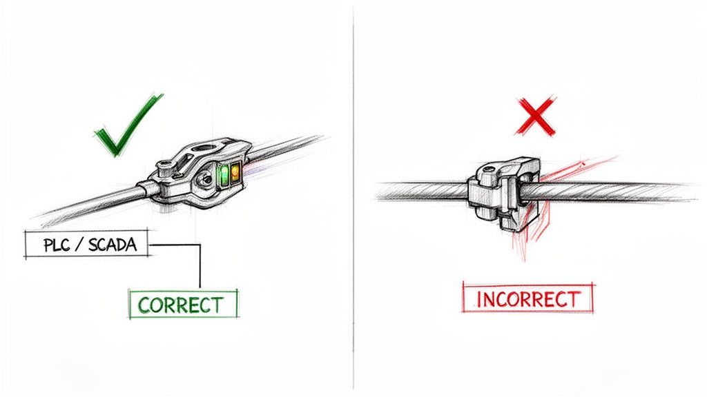 Illustration contrasting correct and incorrect methods for connecting a sensor or indicator to a cable, featuring PLC/SCADA integration.