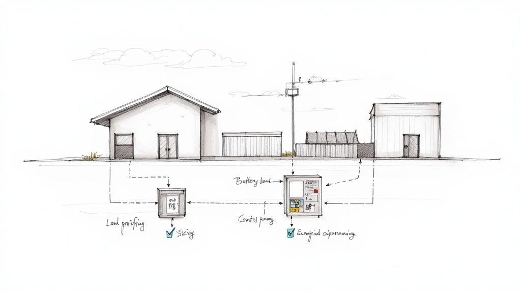 Detailed sketch of a microgrid system connecting buildings, battery, and control panels.