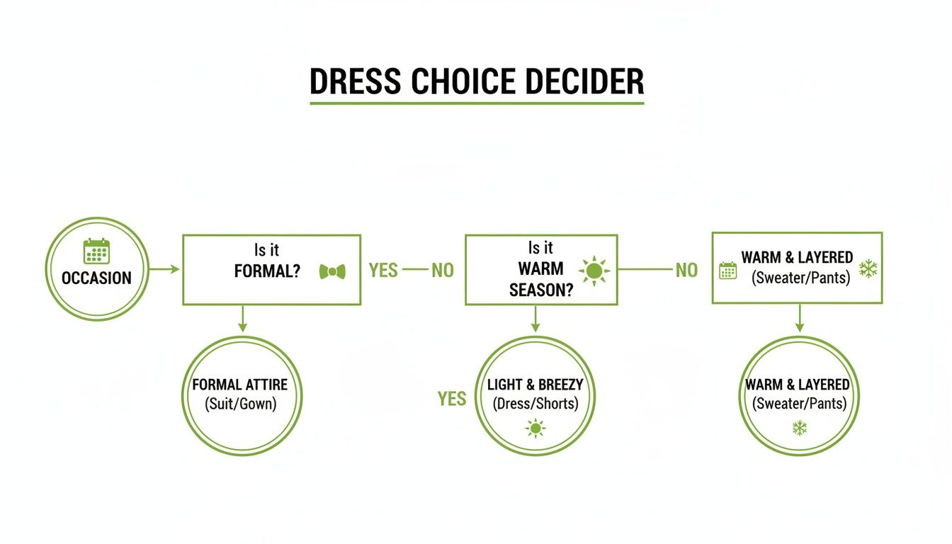 Flowchart for choosing attire based on occasion formality and warm season, recommending formal, light, or warm outfits.
