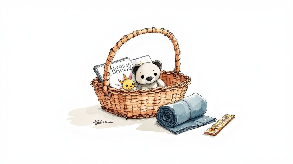 A Jellycat toy and book set wrapped in a gift basket with other small items.