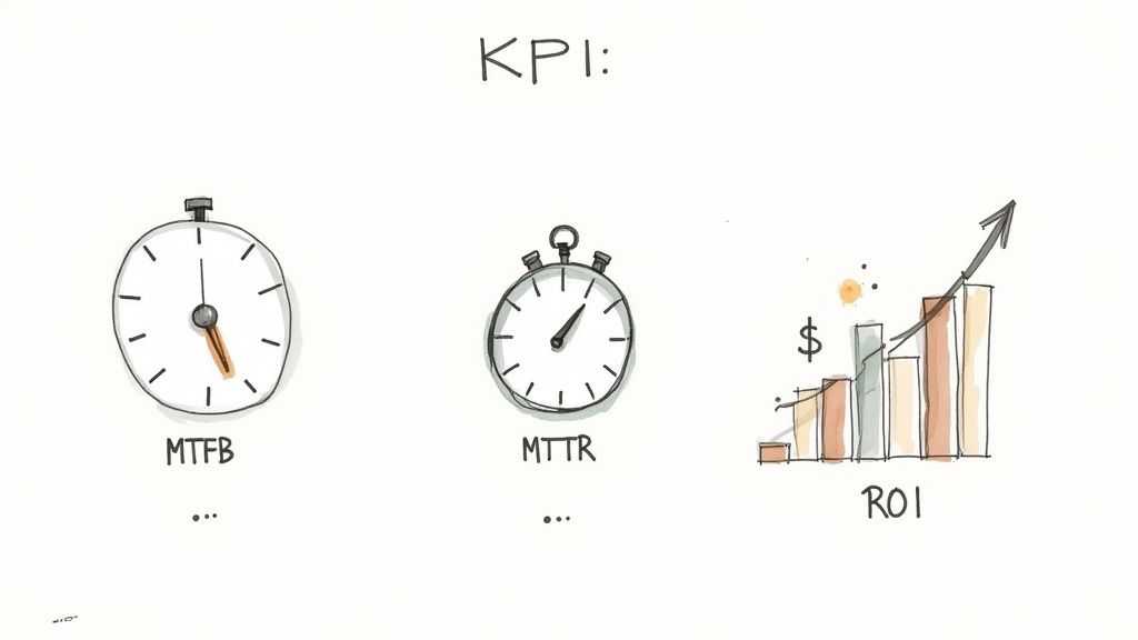 An illustration depicting Key Performance Indicators (KPIs) like MTFB, MTTR, and ROI for business metrics.