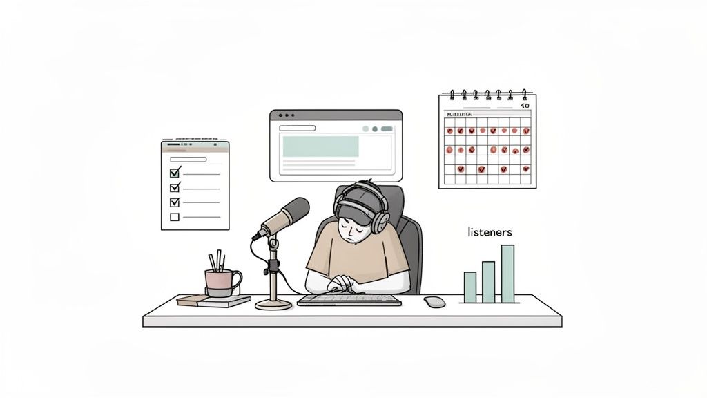 A realistic image of a female podcaster at her desk, reviewing her show's analytics on a laptop while making notes in a planner.