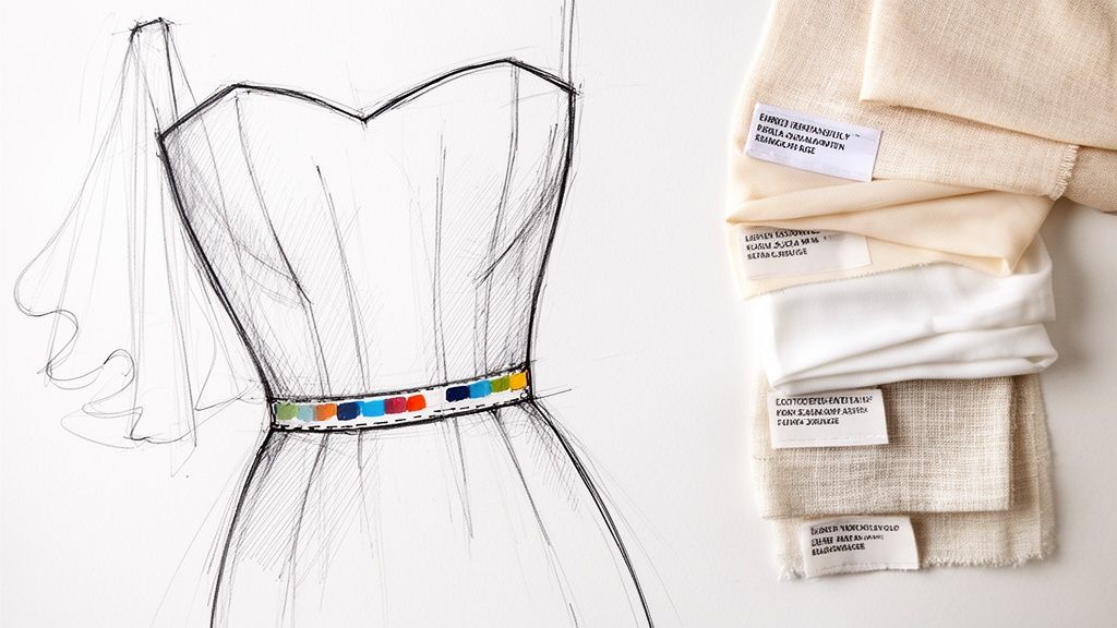 A fashion sketch of an empire waist dress with a colorful belt, next to fabric swatches.
