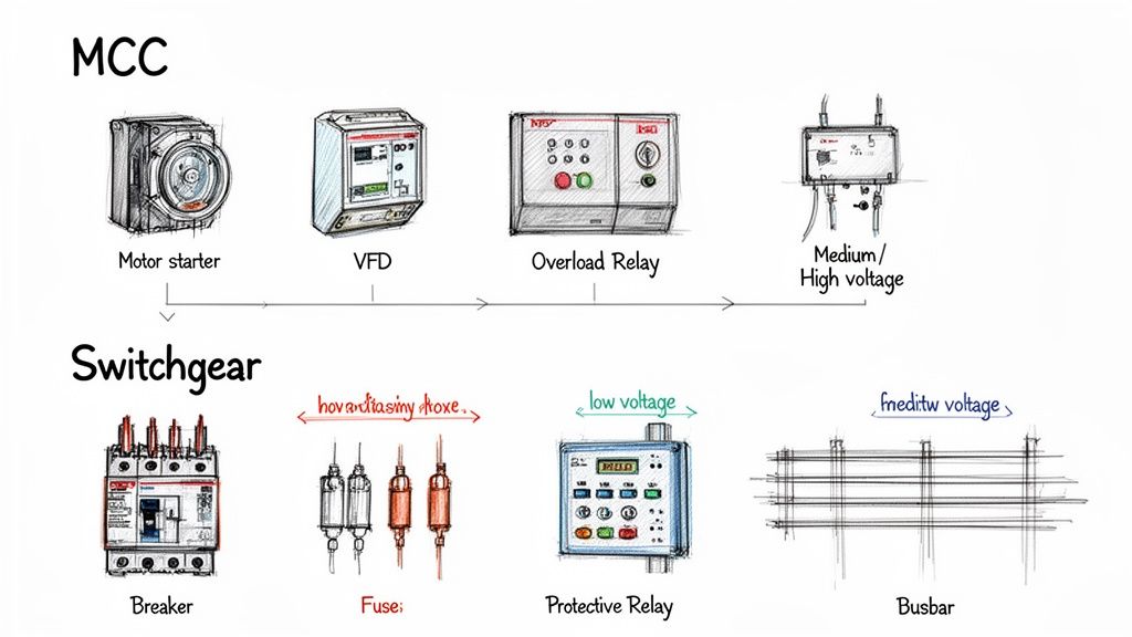 Diagram illustrating common electrical components found in Motor Control Centers (MCC) and Switchgear.