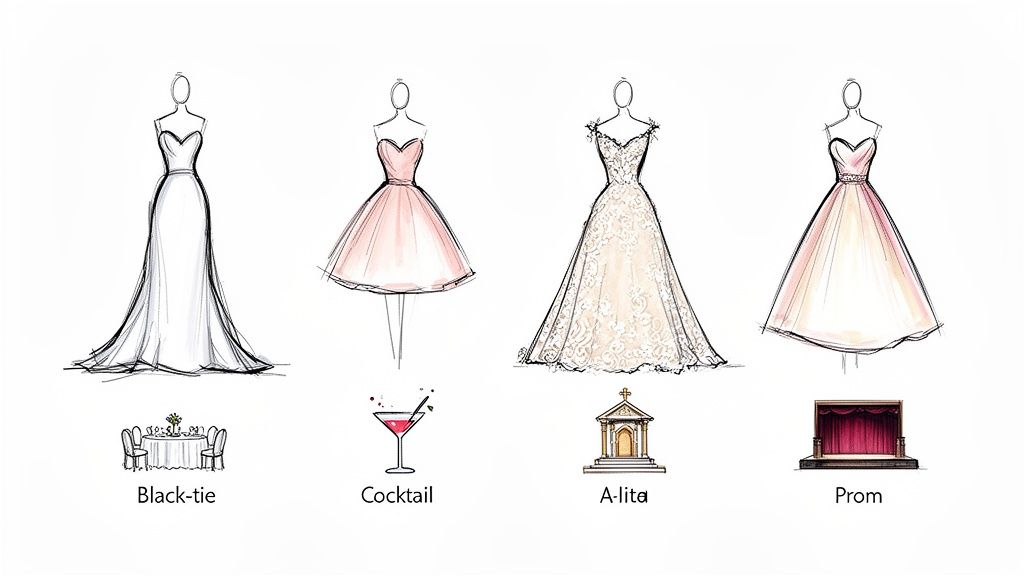 Illustrations of four different formal dress styles (strapless gown, cocktail, lace wedding, prom dress) for various events.