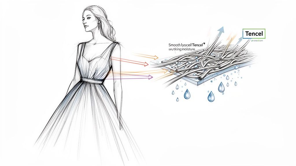 Fashion design sketch of a summer dress highlighting Tencel fabric's breathable and moisture-wicking benefits.
