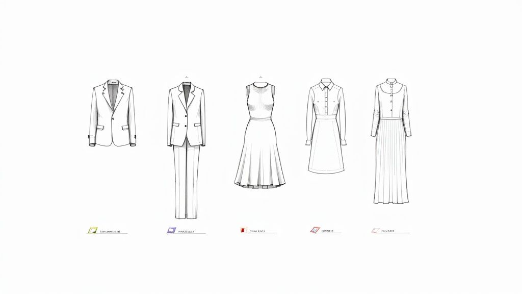Fashion sketches showing five different professional workwear outfits for women, including blazers, pantsuits, and dresses.