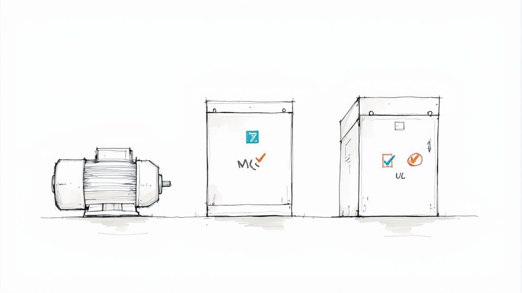 Sketch of an electric motor, a control panel with MC certification, and another UL certified electrical enclosure.