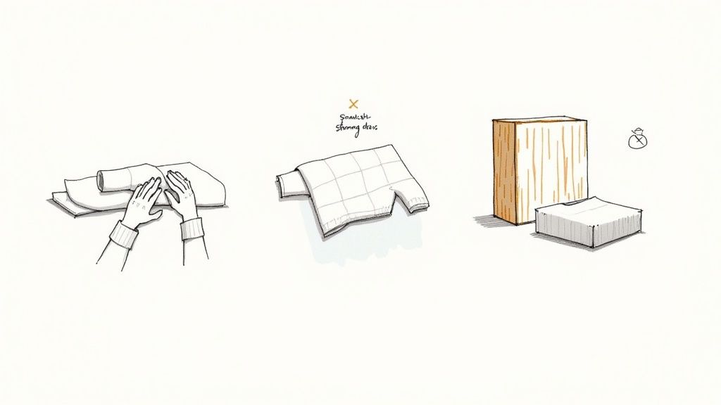 Illustration showing three steps of folding and storing cashmere sweater properly after machine washing