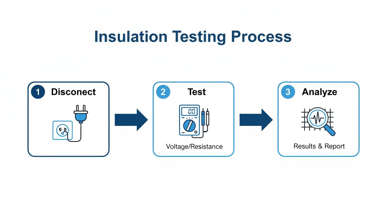 A three-step diagram illustrating the insulation testing process: disconnect, test voltage/resistance, and analyze results.