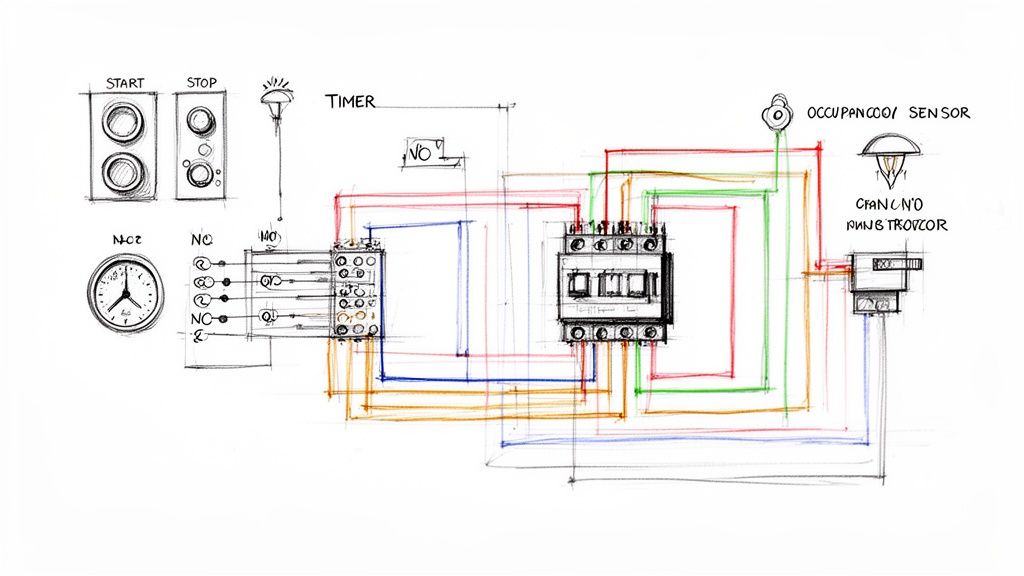 Hand-drawn electrical circuit diagram illustrating contactor wiring with start/stop buttons, timer, and occupancy sensor.