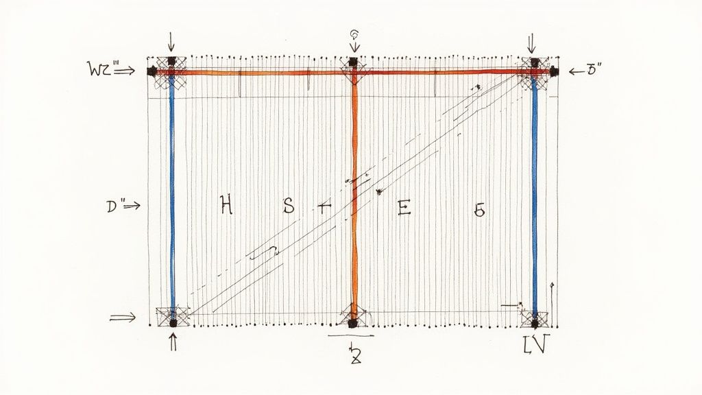 Illustration of fabric with arrows showing the warp, weft, and bias directions