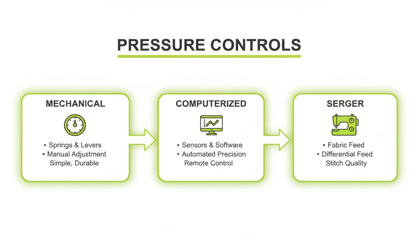 A diagram illustrating three types of pressure controls: Mechanical, Computerized, and Serger, with key features listed for each.