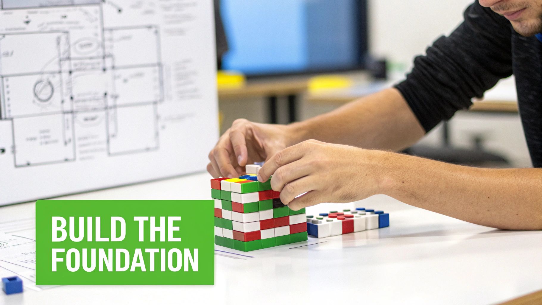 Close-up of hands building a structure with colorful interlocking blocks, with blueprints in the background.