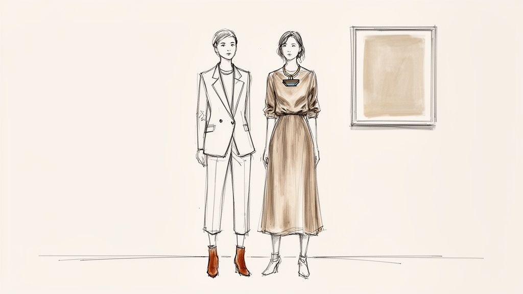 Two stylish women in suits and dresses stand next to abstract art, perfect for a gallery opening.