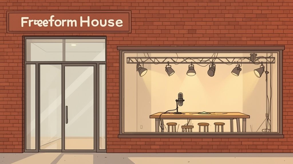 A professional podcast studio inside a modern building, visible from the street, with microphones and seating ready for a recording session.