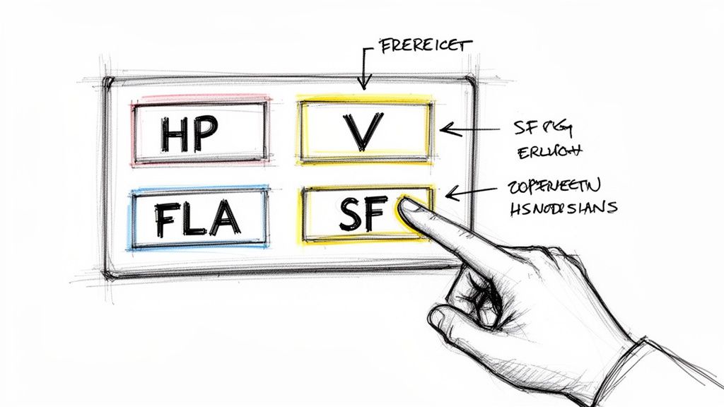 A hand points to the 'SF' button on a sketched control panel, highlighting 'Service Factor'.