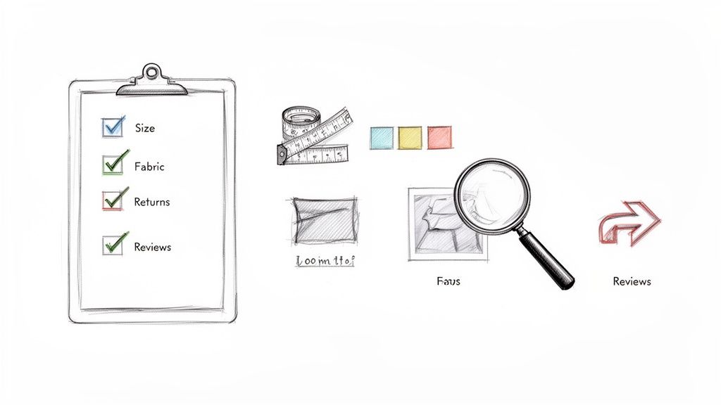 Checklist for size, fabric, returns, reviews, measuring tape, color swatches, and magnifying glass for product evaluation.
