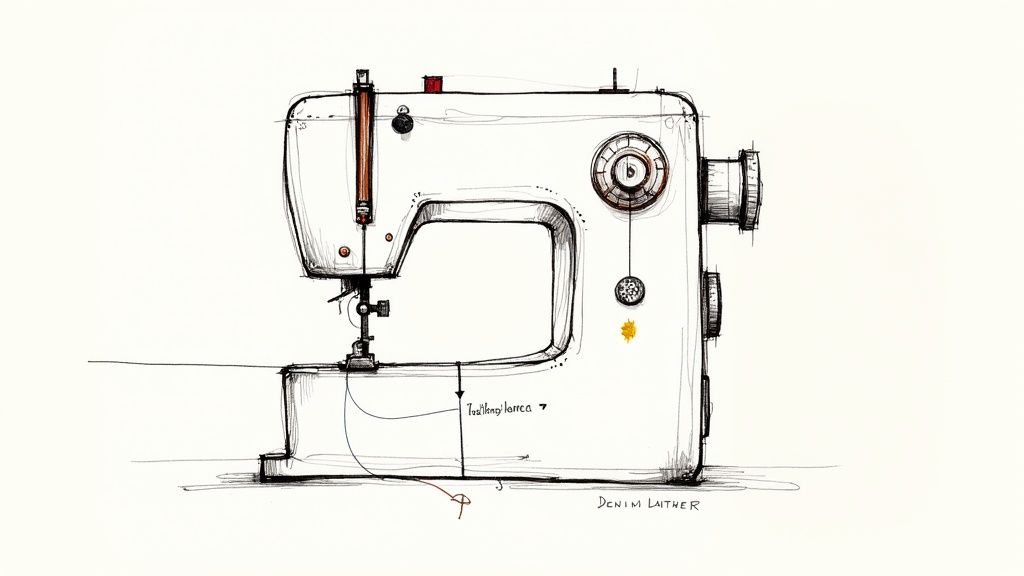 Detailed sketch of a vintage-style sewing machine on a white background, highlighting its mechanism.