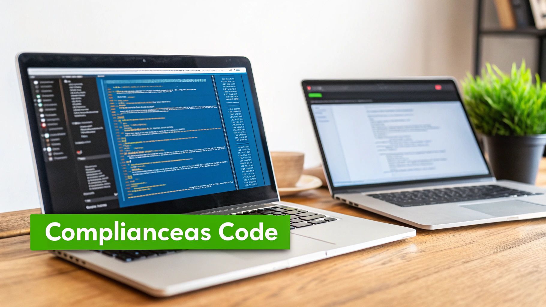 Two laptops on a wooden desk, one displaying code, with 'Compliance as Code' text overlay.