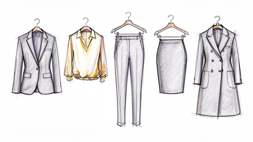 Fashion sketches of women's chic work attire: a blazer, blouse, trousers, pencil skirt, and trench coat.