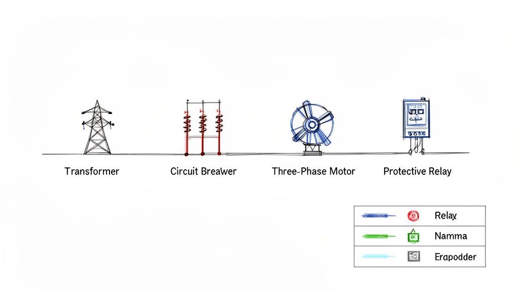 Single line diagram illustrating four common electrical power system components: transformer, circuit breaker, three-phase motor, and protective relay.