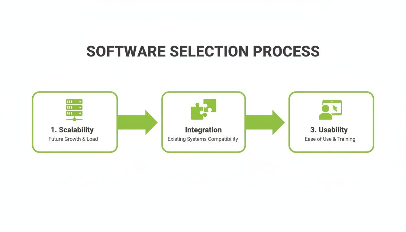 Infographic showing the three-step software selection process: scalability, integration, and usability.
