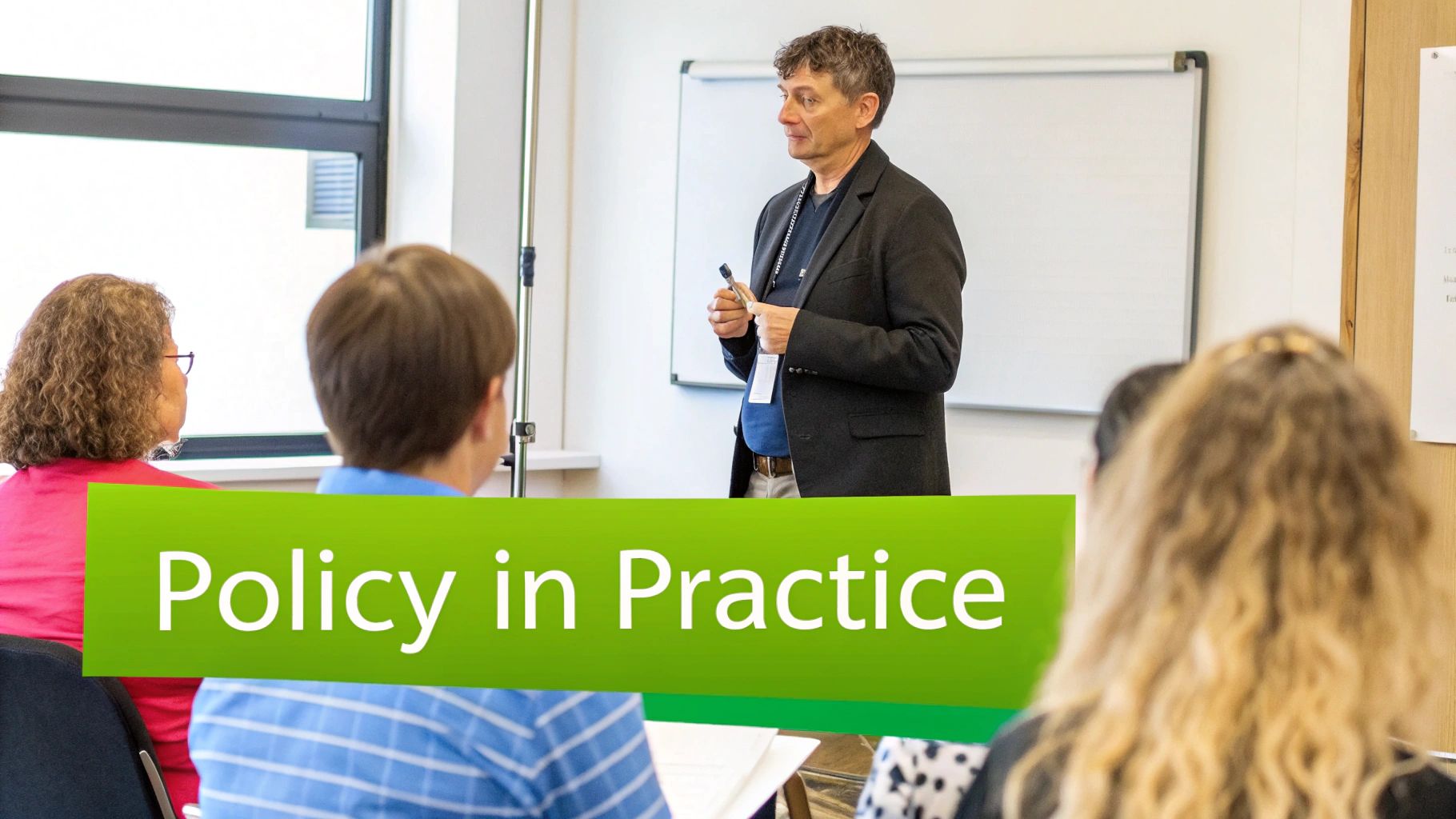 A male presenter explains &#39;Policy in Practice&#39; to an audience in a bright seminar room.
