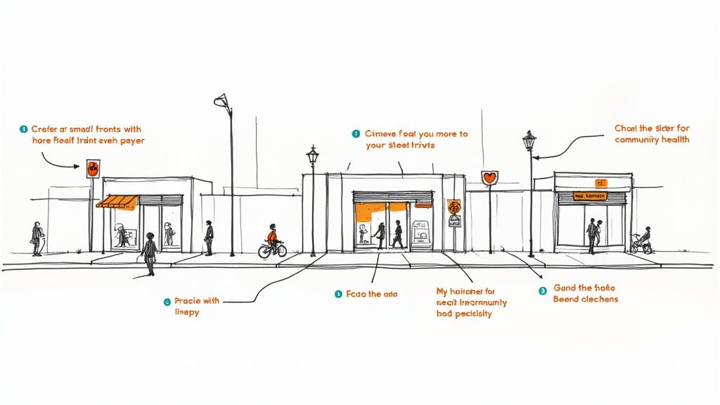 A hand-drawn sketch showing a streetscape with storefronts, people, streetlights, and orange highlights.