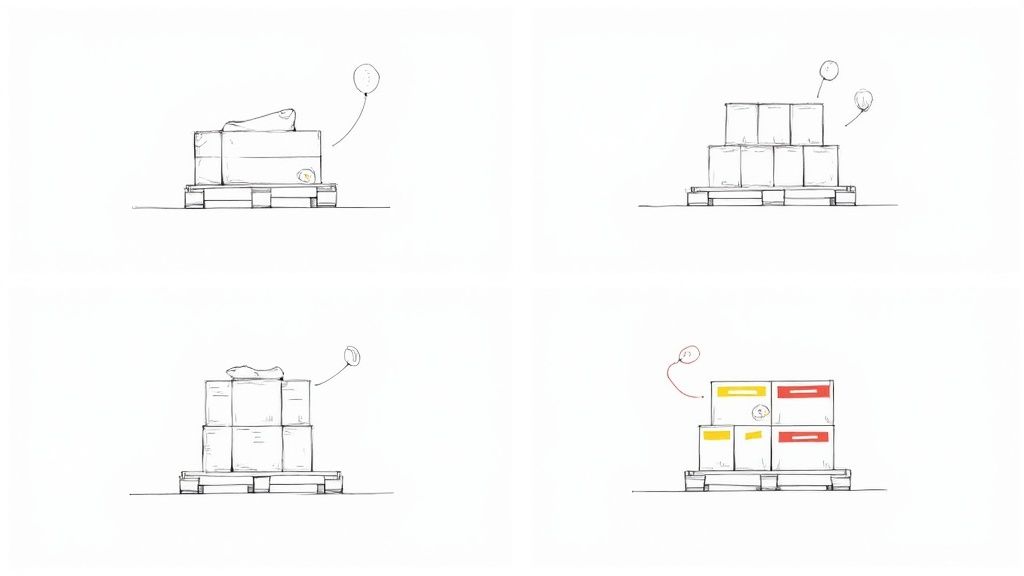 Four sketches illustrate various arrangements of boxes and packages stacked on wooden pallets.