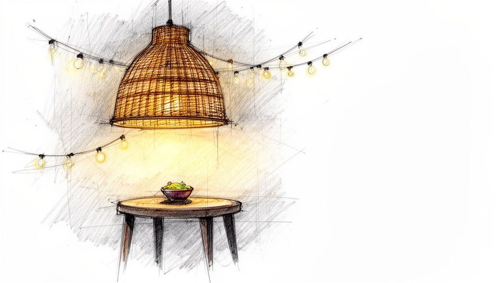 Artistic sketch of cozy bohemian decor: woven lamp, string lights, and small table.