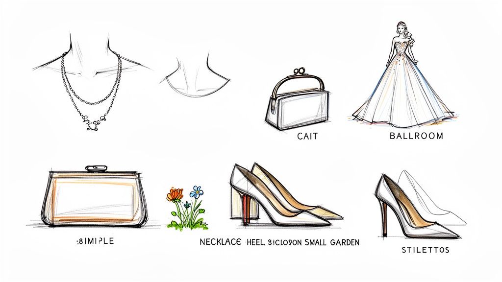 Fashion sketches displaying a necklace, various handbags, a ballroom gown, and different styles of high heels.