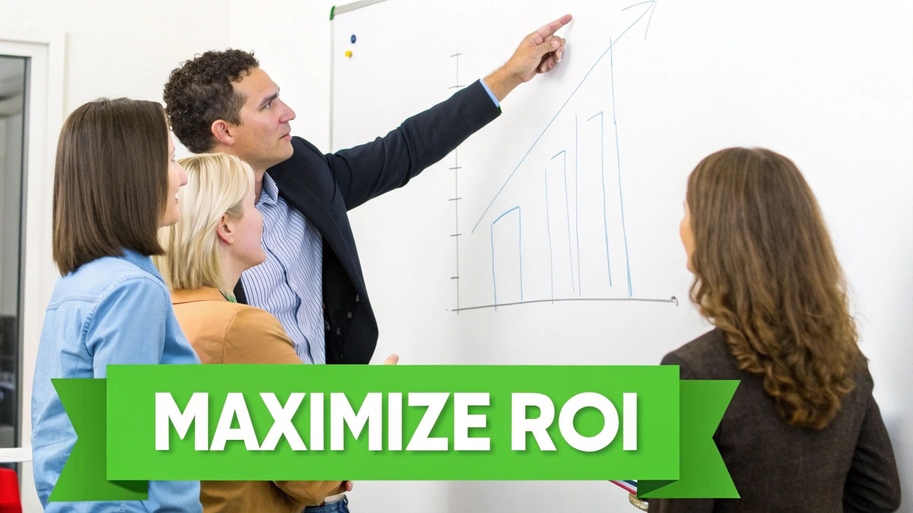 A team of professionals analyzing complex data on a large screen, focused on charts and graphs that represent business growth and return on investment.