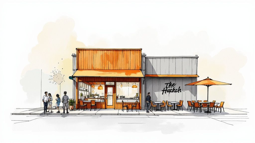 Watercolor illustration of The Hatch cafe, featuring modern design, outdoor seating, and people on sidewalk.