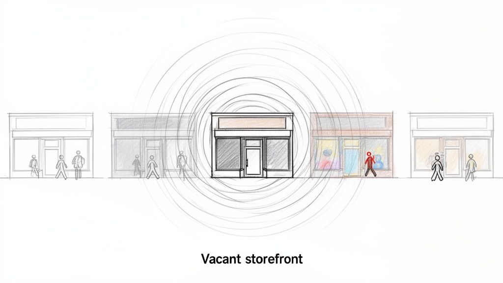A sketch showing a vacant storefront highlighted by concentric circles, flanked by other stores and people walking by.