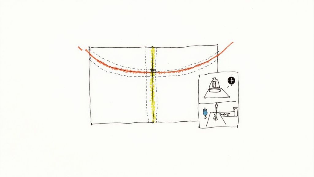 A minimalist sketch illustrating a sewing pattern with a curved red line and a central yellow guideline.