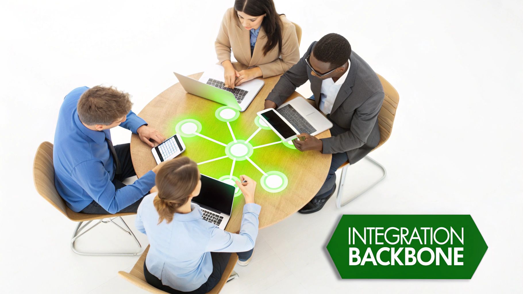 Four diverse business professionals collaborating around a table with glowing network integration graphics and digital devices.
